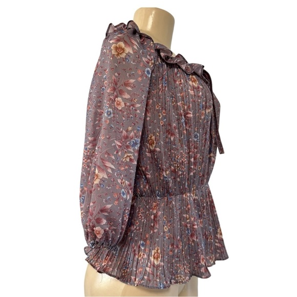 Vintage 70s Gray Floral Keyhole Ruffled Pleated Peplum Chiffon‎ USA Union Made - Picture 5 of 16